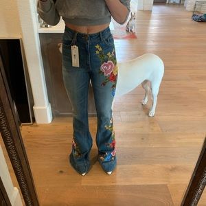 COPY - Alice+Olivia high rise embroidered bell jeans
